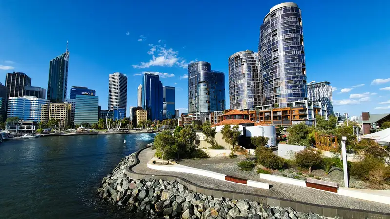 Perth skyline at sunset across the Swan River — destination for Kiwi movers