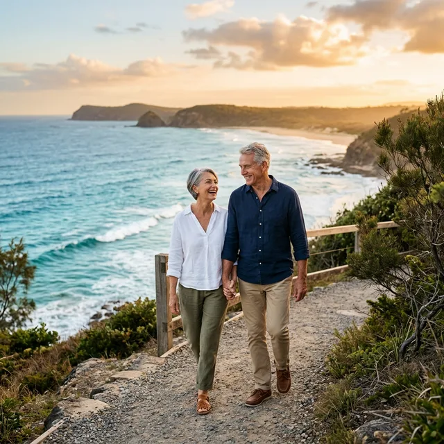 Retired couple enjoying the Australian coastal lifestyle after relocation from NZ
