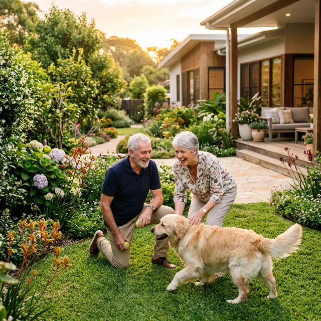 Retired Kiwi couple with their dog enjoying Australian sunshine
